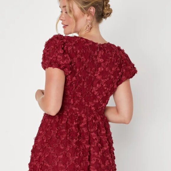 Lulus NWT Burgundy Lace Dress L | 3D Floral Appliqué Wedding Guest Outfit - Picture 12 of 15